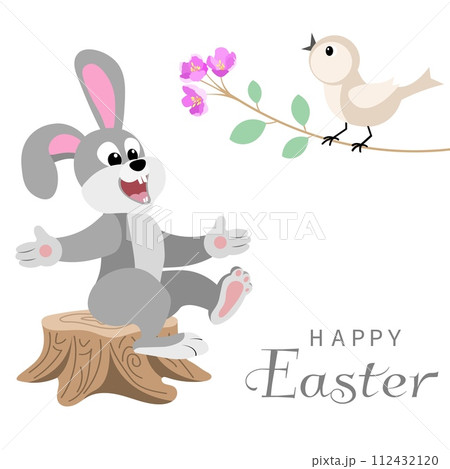 Happy Easter vector card. Rabbit and singing bird on a flowering branch. Spring card. Postcard with spring flowers. Happy Easter vector card. Rabbit and singing bird on a flowering branch. Spring card. Postcard with spring flowers. 112432120