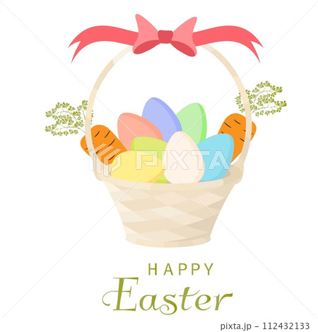 Happy Easter vector card. Basket with carrots and eggs, decorated with a bow. Spring card. Postcard, Happy Easter vector card. Basket with carrots and eggs, decorated with a bow. Spring card. Postcard, 112432133