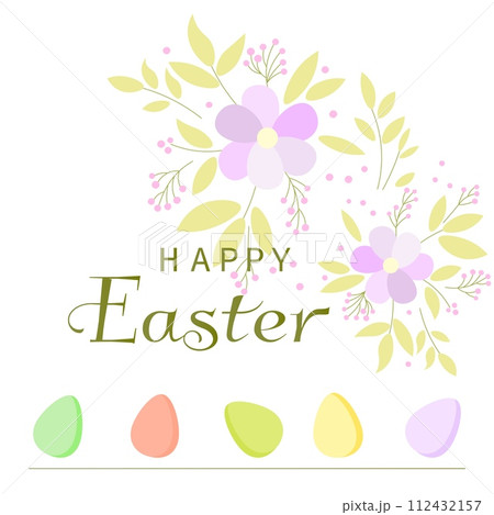 Happy Easter vector card. Multi-colored eggs and delicate pink flowers. Spring card. Postcard with spring flowers. Happy Easter vector card. Multi-colored eggs and delicate pink flowers. Spring card. Postcard with spring flowers. 112432157