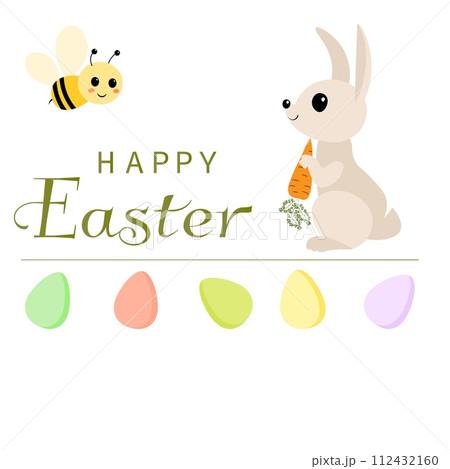 Happy Easter vector card. Multi-colored eggs, rabbit and bee. Spring card. Postcard, Happy Easter vector card. Multi-colored eggs, rabbit and bee. Spring card. Postcard, 112432160