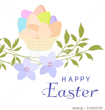 Happy Easter vector card. Basket with eggs and blue flowers. Spring card. Postcard with spring flowers. Happy Easter vector card. Basket with eggs and blue flowers. Spring card. Postcard with spring flowers. 112432170