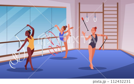Artistic gymnast workout. Rhythmic gymnasts train, flexible girls in suits with ribbons, clubs, professional athletes, sport school, cartoon flat style isolated tidy vector concept Artistic gymnast workout. Rhythmic gymnasts train, flexible girls in suits with ribbons, clubs, professional athletes, sport school, cartoon flat style isolated tidy vector concept 112432231