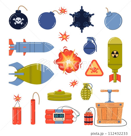 Cartoon dynamite and bombs. Different types of explosives, rockets, detonators and mines, burning fuse, mass destruction weapons. Dangerous tnt explosion, time countdown vector isolated flat set Cartoon dynamite and bombs. Different types of explosives, rockets, detonators and mines, burning fuse, mass destruction weapons. Dangerous tnt explosion, time countdown vector isolated flat set 112432233