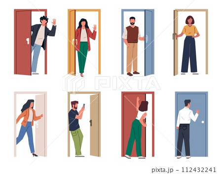 People in doorway. Men and women open and close doors, visitors come in and out, persons use house and office entries, exit and entrance cartoon flat isolated illustration, nowaday vector set People in doorway. Men and women open and close doors, visitors come in and out, persons use house and office entries, exit and entrance cartoon flat isolated illustration, nowaday vector set 112432241