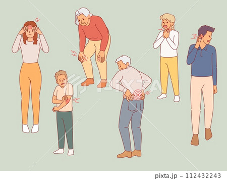 People with pain. Unhappy men, women and kids, different body parts malaise, bruises and injuries, back, elbow, head and throat. Inflammation or trauma. Cartoon flat isolated vector set People with pain. Unhappy men, women and kids, different body parts malaise, bruises and injuries, back, elbow, head and throat. Inflammation or trauma. Cartoon flat isolated vector set 112432243