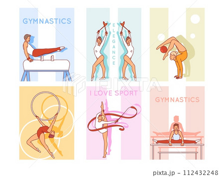 Rhythmic gymnastics posters. Flexible and strong athletes, girls and boys with sports equipment, bars, trestle, maces and hoops, competition banner, cartoon flat style isolated vector set Rhythmic gymnastics posters. Flexible and strong athletes, girls and boys with sports equipment, bars, trestle, maces and hoops, competition banner, cartoon flat style isolated vector set 112432248