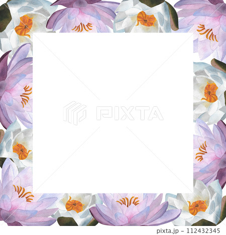 Horizontal square frame with delicate watercolor violet and white waterlilies Floral clipart for postcards, decoration, posters, ads,frameworks, Women's day 2024, Mother's day, birthday Botanical 112432345