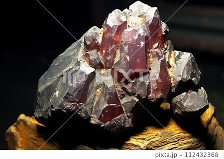 Delafossite is a rare precious natural stone on a black background. AI generated. Header banner mockup with space. 112432368