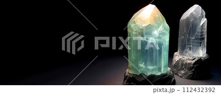Goshenite is rare precious natural stone on black background. AI generated. Header banner mockup with space. 112432392