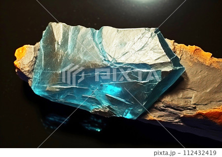 Andyrobertsite is a rare precious natural stone on a black background. AI generated. Header banner mockup with space. 112432419