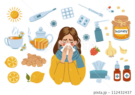 Set of vector graphics of cold treatment items. Vector graphics. Set of vector graphics of cold treatment items. Vector graphics. 112432437