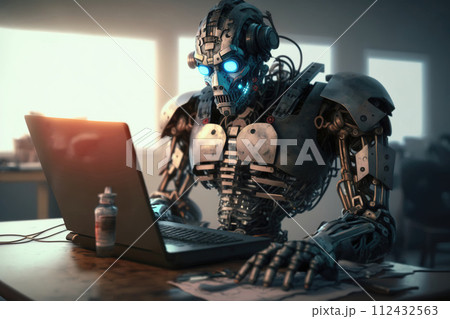 The robot is typing on a laptop. Artificial intelligence assistant in business. AI generated. The robot is typing on a laptop. Artificial intelligence assistant in business. AI generated. 112432563