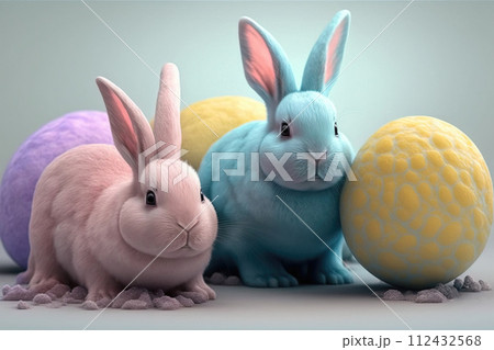 Cute Easter colorful bunnies are sitting in a row. AI generated. 112432568