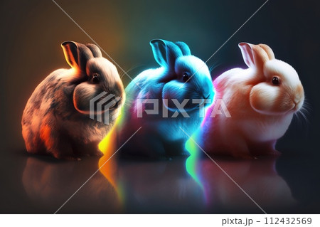 Cute Easter colorful bunnies are sitting in a row. AI generated. 112432569