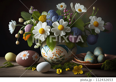 Easter eggs decorated in various colors in a clay deep plate on a dark background. AI generated. 112432653