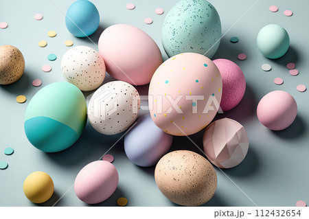 Multicolored decorated chicken eggs on a white background. View from above. AI generated. 112432654