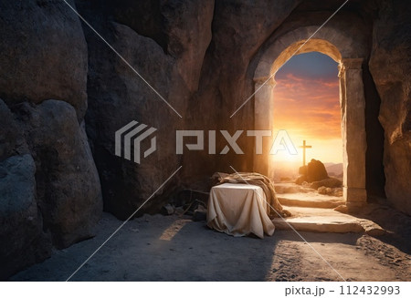 Stone cave with the shroud of Christ overlooking epic sunset and cross, from arch of cave. Concept of the Christian religion, Easter and resurrection. Ai generation 112432993