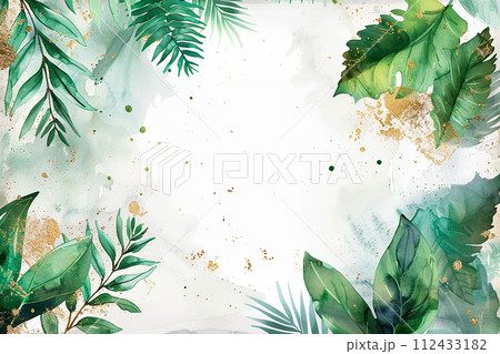 AI-generated content. A green leafy background with a gold and purple flower in the center 112433182