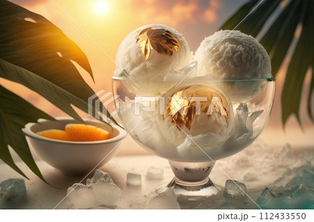 Colored ice cream balls in a glass goblet on the background of palm leaves and the beach. AI generated. 112433550