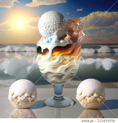Colored balls of ice cream in a glass goblet against the background of sea waves and clouds in the sky. AI generated. 112433556