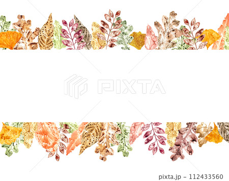 Horizontal frame of colorful autumn leaves. Rowan, oak, aspen, biloba. yellow, golden, brown dried leaves. Watercolor illustration of fall leaf imprints. Copy Space for text Horizontal frame of colorful autumn leaves. Rowan, oak, aspen, biloba. yellow, golden, brown dried leaves. Watercolor illustration of fall leaf imprints. Copy Space for text 112433560