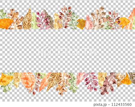 Horizontal frame of colorful autumn leaves. Rowan, oak, aspen, biloba. yellow, golden, brown dried leaves. Watercolor illustration of fall leaf imprints. Copy Space for text Horizontal frame of colorful autumn leaves. Rowan, oak, aspen, biloba. yellow, golden, brown dried leaves. Watercolor illustration of fall leaf imprints. Copy Space for text 112433560