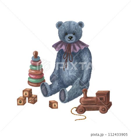 Watercolor composition for children. Teddy bear with toys. 112433905