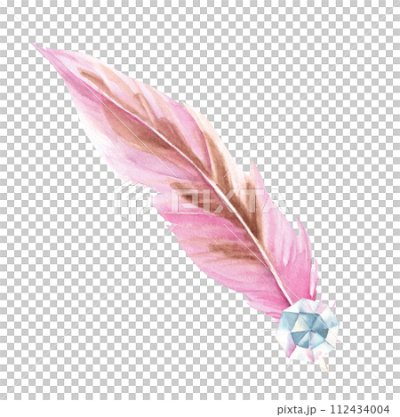 Watercolor composition from pale pink feather and crystal isolated on white background. Hand drawn illustration. Design element for decoration, dream catcher, cards and textile prints. 112434004