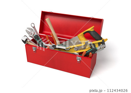 Red toolbox open with tools scattered 112434026