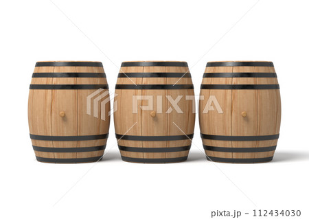 Three wooden barrels standing upright isolated on white 112434030