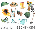 Watercolor colorful set with gardening items Sunflower Cute grey cat Leaves Yellow rubber boot Straw hat blue Watering can Scissors Flower pot For wallpaper design child clothes decor wrapping paper 112434056