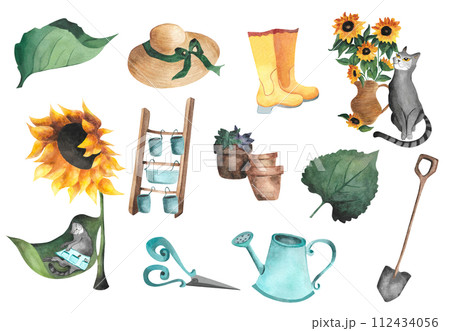 Watercolor colorful set with gardening items Sunflower Cute grey cat Leaves Yellow rubber boot Straw hat blue Watering can Scissors Flower pot For wallpaper design child clothes decor wrapping paper 112434056