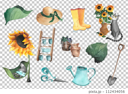 Watercolor colorful set with gardening items Sunflower Cute grey cat Leaves Yellow rubber boot Straw hat blue Watering can Scissors Flower pot For wallpaper design child clothes decor wrapping paper 112434056