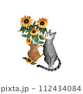 Watercolor grey cat sitting with straw jug of sunflowers Cute animal yellow golden eyes One single character with summer 2024 bright flowers for postcard baby design child clothes cartoon logo print 112434084