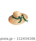 Watercolor beige straw hat with green atlas ribbon Women summer accessory Gardener's cap Beach bonnet with bow Headwear Clothes item For logo gardening decor design shop sale Fashion Female Vacation 112434106
