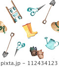 Watercolor gardening items seamless pattern Rubber boots straw hat spade watering can scissors flower pot stepladder Multicolored print for wallpaper childish clothes decor wrapping paper 112434123