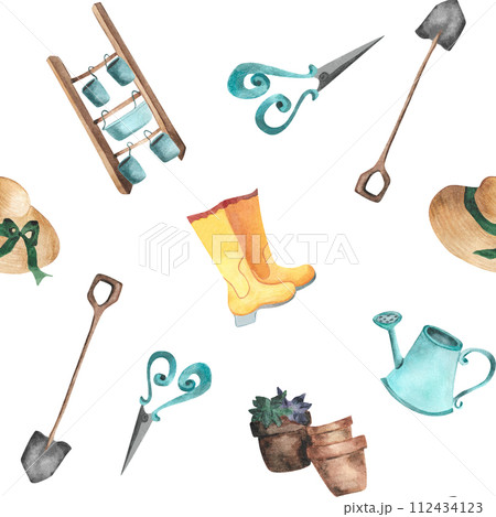 Watercolor gardening items seamless pattern Rubber boots straw hat spade watering can scissors flower pot stepladder Multicolored print for wallpaper childish clothes decor wrapping paper Watercolor gardening items seamless pattern Rubber boots straw hat spade watering can scissors flower pot stepladder Multicolored print for wallpaper childish clothes decor wrapping paper 112434123