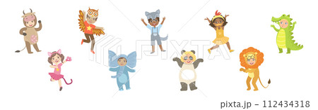 Cute Kid Character Wearing Animal Costume Enjoy Party Vector Set 112434318