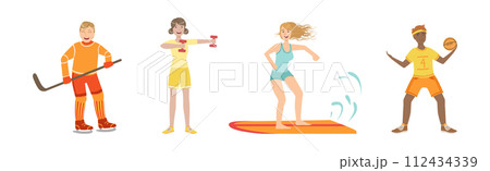 Man and Woman Character Do Sport and Different Physical Activity Vector Set 112434339