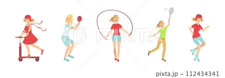 Woman Character Do Sport and Different Physical Activity Vector Set 112434341