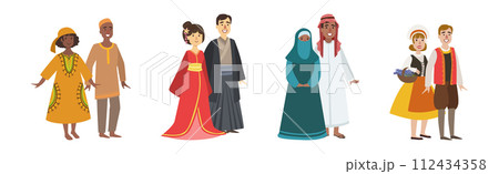 Man and Woman Couples in Folk Costume Vector Set 112434358