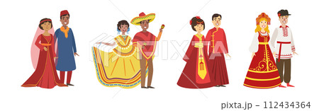 Man and Woman Couples in Folk Costume Vector Set 112434364