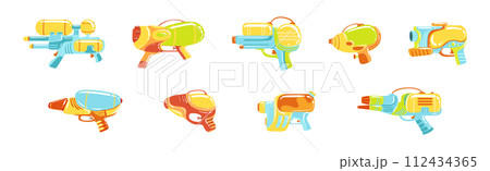 Toy Water Pistol Weapon for Summer Game Vector Set Toy Water Pistol Weapon for Summer Game Vector Set 112434365