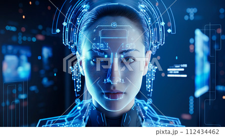 AI-generated content. Biometric security. Business and data protection. Data science. Scanned woman face. AI generated AI-generated content. Biometric security. Business and data protection. Data science. Scanned woman face. AI generated 112434462