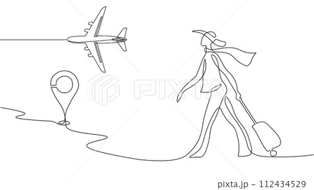Continuous one single line art travel girl concept. Beautiful woman fashion tourist hand drawn sketch. Summer voyage agency white monochrome vector illustration Continuous one single line art travel girl concept. Beautiful woman fashion tourist hand drawn sketch. Summer voyage agency white monochrome vector illustration 112434529