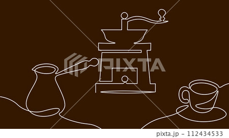 Single continuous line art. Coffee bean morning cafe hot drink silhouette concept design one sketch outline drawing vector illustration 112434533