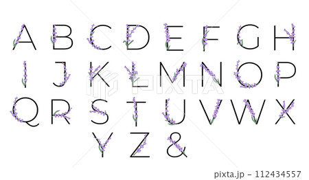 Lavender blossom violet little flower alphabet for design of card or invitation. Vector illustrations, isolated on white background for summer floral gesign. Lavender blossom violet little flower alphabet for design of card or invitation. Vector illustrations, isolated on white background for summer floral gesign. 112434557