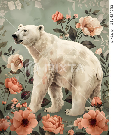 AI-generated content. A polar bear, a carnivore, stands majestically in a field of flowers. The contrast between the big cat and the delicate plant life creates a stunning photograph 112434582