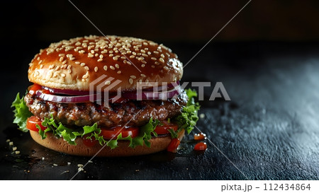 Hamburger illustration for advertising, dark background to highlight the hamburger. Professional lighting makes the meat look so juicy and delicious. There is additional space for copying text. 112434864