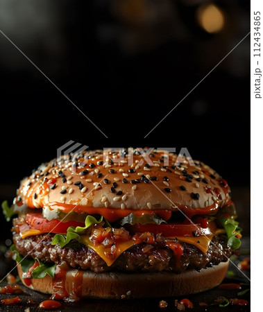 Hamburger illustration for advertising, dark background to highlight the hamburger. Professional lighting makes the meat look so juicy and delicious. There is additional space for copying text. 112434865